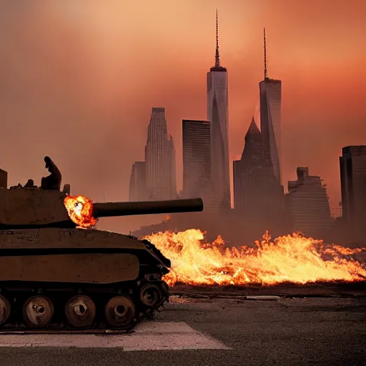 Prompt: destroyed ( tank ) in front of the new york skyline, smoking and burning, reflections, award winning photograph, sunset, desolate, atmospheric