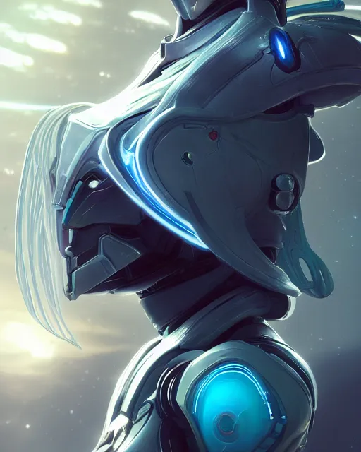 Image similar to perfect android girl on a mothership, warframe armor, beautiful face, scifi, futuristic, galaxy, nebula, raytracing, dreamy, long white hair, blue cyborg eyes, sharp focus, cinematic lighting, highly detailed, artstation, divine, by gauthier leblanc, kazuya takahashi, huifeng huang