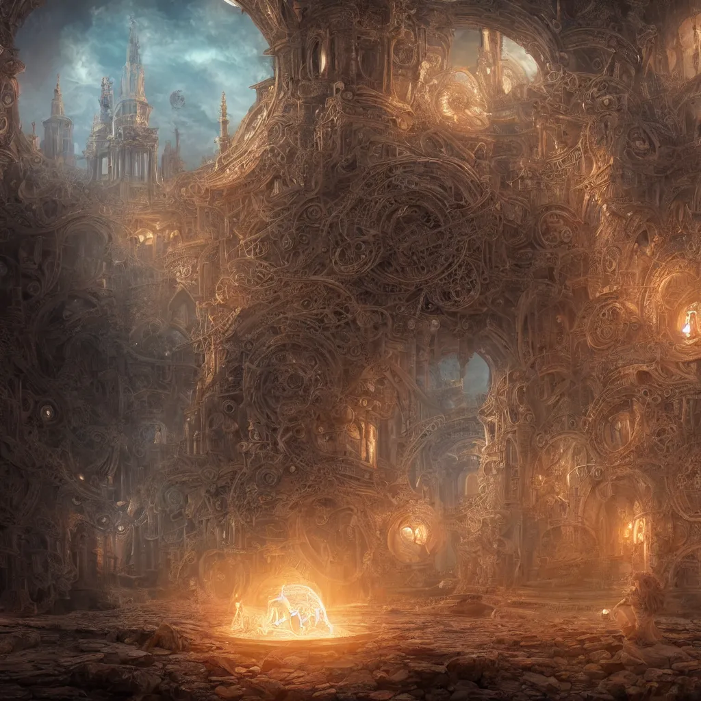 Image similar to time machine, mechanical fantasy, intricate, elegant, highly detailed, digital painting, concept art, smooth, sharp focus, illustration, divine realm of gods, realistic cinematic style, filmed in 70mm, volumetric lighting, octane render, photographic, concept art, artist Leonardo DaVinci, unreal engine 8k