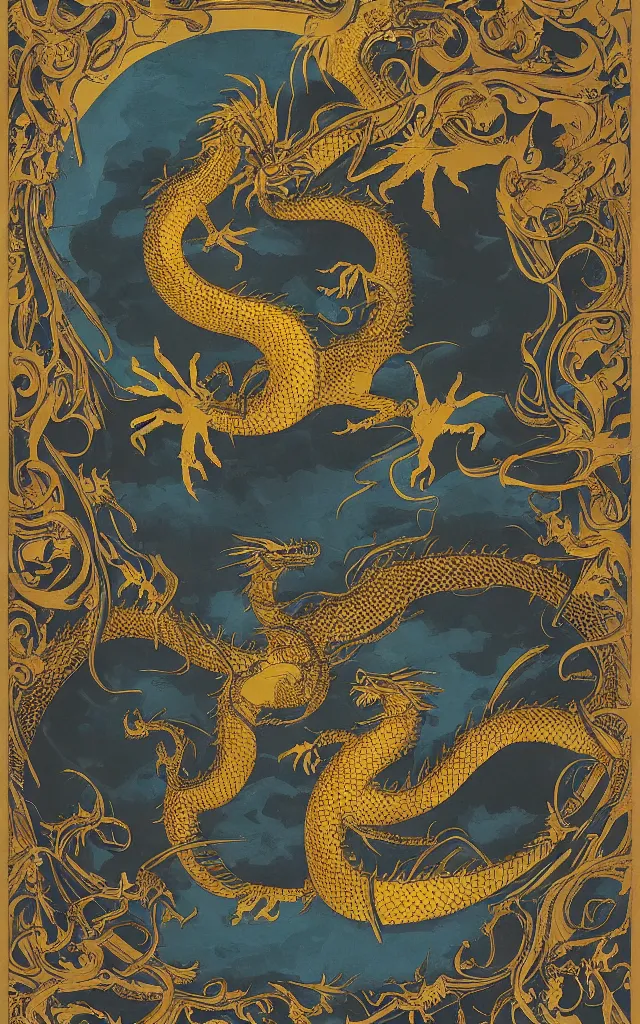 Image similar to a poster in the style of polish school of posters jan lenica for'the curator'- a matte painting depicting a golden dragon