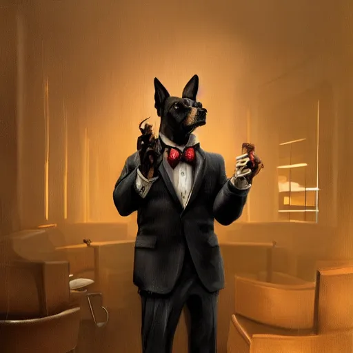 Image similar to a dog wearing a business suit smoking a cigar, dramatic lighting, cinematic, establishing shot, extremly high detail, photorealistic, cinematic lighting, concept art, artstation, style by greg rutkowsky