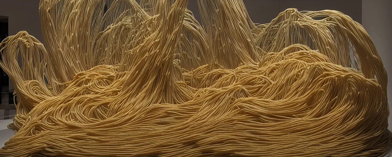 Prompt: famous sculpture made of spaghetti in ny museum of modern art, in the style of louise bourgeois, kodachrome film, retro