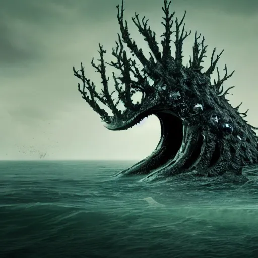 Image similar to nightmare monster emerging from sea surface, but monster is dendritic
