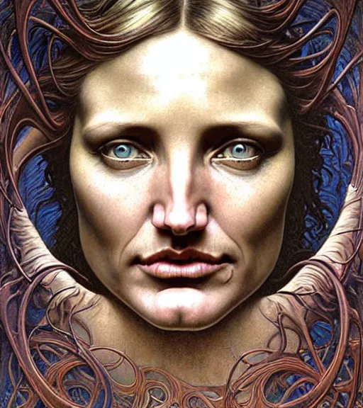 Prompt: detailed realistic cameron diaz face portrait by jean delville, gustave dore and marco mazzoni, art nouveau, symbolist, visionary, gothic, pre - raphaelite. horizontal symmetry by zdzisław beksinski, iris van herpen, raymond swanland and alphonse mucha. highly detailed, hyper - real, beautiful, fractal baroque