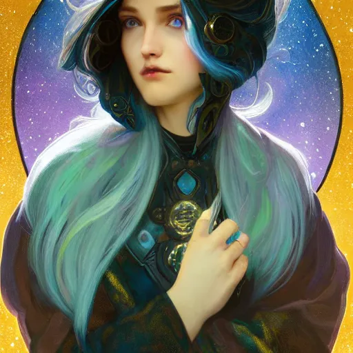 Prompt: a nonbinary changeling wearing a starry cloak, aurora colored hair, starry eyes, curious expression, character art, trending on artstation, 4k ultra hd, sharp focus, digital art by artgerm and greg rutkowski and alphonse mucha