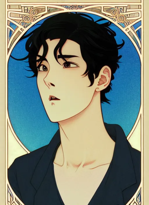 Prompt: handsome young man with short black hair, male, dressed in blue, looking down, half body shot, arms down, path traced, highly detailed, high quality, digital painting, by studio ghibli and alphonse mucha, leesha hannigan, hidari, art nouveau, chiho aoshima, posuka demizu, atey ghailan