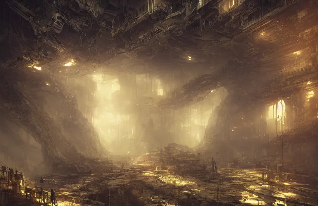 Prompt: a huge abandoned scifi underground in the style of martin deschambault, detailed dreamscape, hyperreal phantastic, intricate details in environment, golden ratio, high aestehtic,, cinematic light dramatic light, lightrays, flying birds in distance, hyperreal 4 k