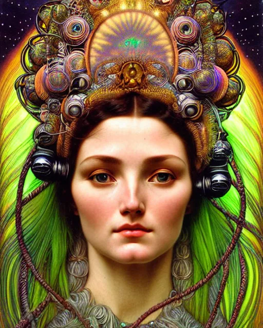 Image similar to hyperrealistic detailed face portrait of the beautiful goddess of the northern lights with an intricate headgear of a beautiful landscape, art by ernst haeckel, john william godward, android jones, alphonso mucha, h. r. giger, gothic - cyberpunk, ornamental, beautiful deep colours,