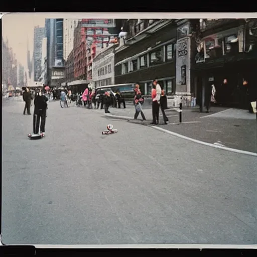 Image similar to wide-shot very low-angle eyesight photo of a skateboard at the street in New York, polaroid photo, by Andy Warhol, signed