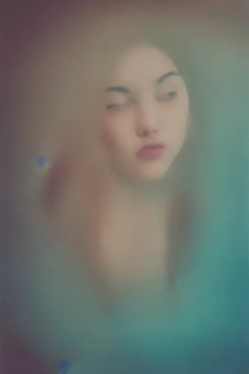 Prompt: a beautiful woman's face in the water, serene emotion, polaroid, kodak color grading, muted colors, hazy, aqua, pastel colors, soft lighting