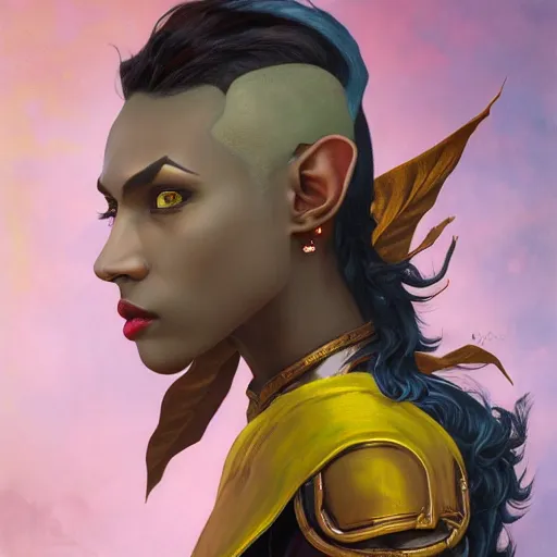 Prompt: a gorgeous and androgynous half - elf with dark skin tone and messy short red hair and catlike features with yellow eyes with slit pupils, dressed in a colorful jodhpuri suit, dnd character, golden aura, realistic portrait by ross tran and kehinde wiley and gerald brom and fernando amorsolo and alphonse mucha, trending on artstation