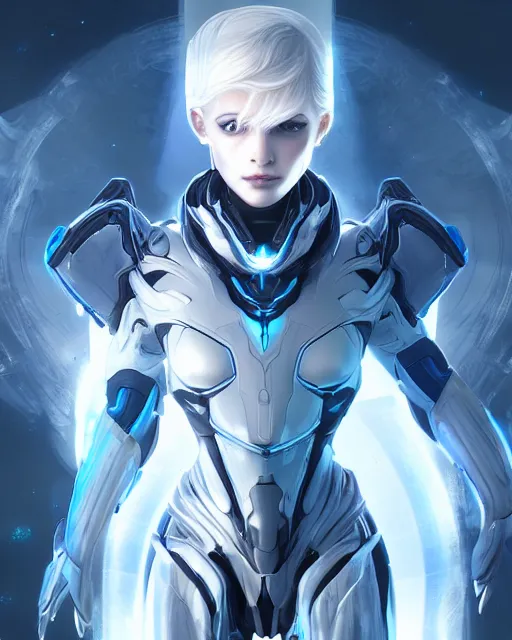 Image similar to photo of a beautiful girl on a mothership, android, warframe armor, pretty face, scifi, futuristic, galaxy, raytracing, dreamy, perfect, aura of light, pure, white hair, blue cyborg eyes, glow, insanely detailed, artstation, innocent look, art by gauthier leblanc, kazuya takahashi, huifeng huang