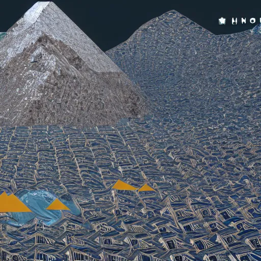 Prompt: a mountain made out of computer screens that display bitcoin logos, cinematic, post - apocalyptic landscape, unreal engine 5, harsh contrast lighting