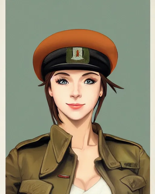 Image similar to portrait of young woman with light brown hair and hazel eyes dressed in a sharp dark teal military uniform with beret, smiling, ilya kuvshinov, anime