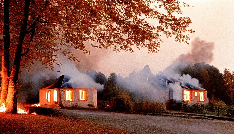 Prompt: 1 9 7 0 s movie still of a burning french style little house in a small northern french village by night in autumn, cinestill 8 0 0 t 3 5 mm, heavy grain, high quality, high detail, dramatic light, anamorphic, flares