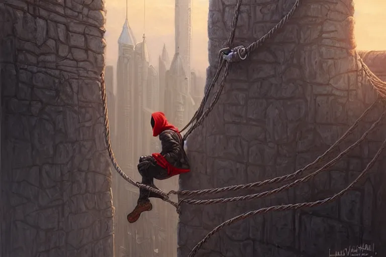 Prompt: landscape painting of a hooded thief in leathers using a rope to climb a tall building inside a fantasy city, fine details, magali villeneuve, artgerm, rutkowski