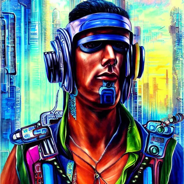 Image similar to a beautiful painting cyberpunk jibaro, by alberto mielgo movie art