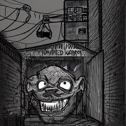 Image similar to A Trevor Hendorson styled monster hiding behind a dumpster in a dark alley with a power line running through it. Grainy, muted colors, hyper detailed, dark, dreary.