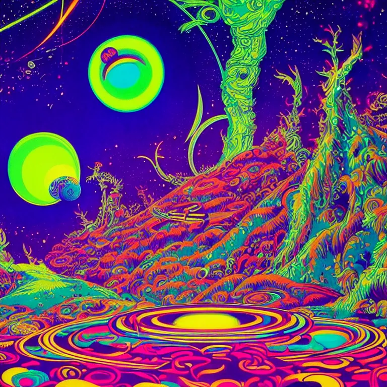 Prompt: psychedelic ringed planet, bright neon colors, highly detailed, cinematic, eyvind earle, tim white, philippe druillet, roger dean, lisa frank, aubrey beardsley