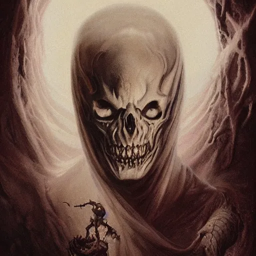 Image similar to head and shoulders portrait of a ghostly spectral wraith, d & d, fantasy, greg rutkowski, frank frazetta, alexandre chaudret, boris vallejo, michael whelan, miro petrov, hr giger, magali villeneuve, donato giancola