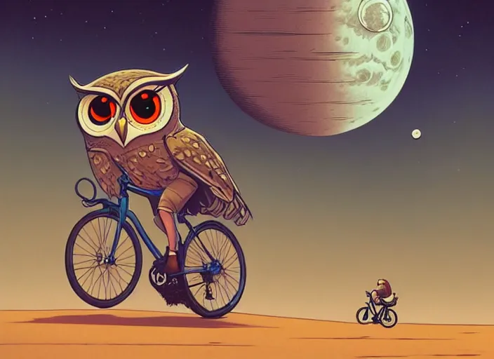 Image similar to a cell shaded cartoon owl riding a bicycle, with a big head, on a desert road, wide shot, in front of a big moon, muted colors, post grunge, josan gonzales, wlop, by james jean, victor ngai, hq, deviantart, art by artgerm