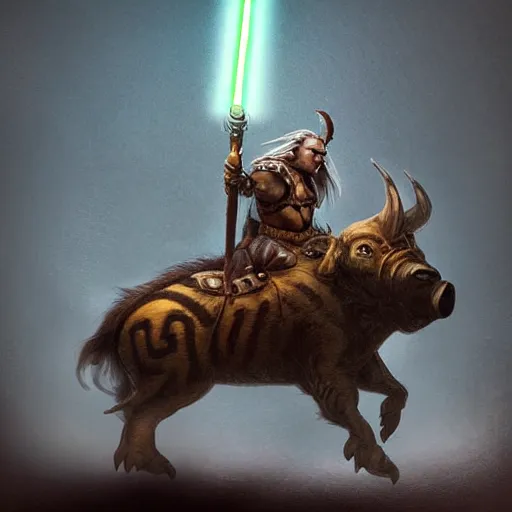 Image similar to mongolian dnd barbarian riding a boar with a lightsaber