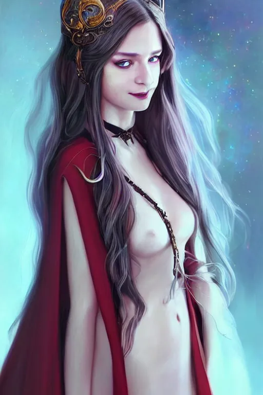 Image similar to portrait of a gorgeous young female wizard, looking at camera, D&D, choker on neck, stylish robe, mouth slightly open, cute slightly nerdy smile, very long flowing hair, intricate, elegant, stylish, fantasy, extremely detailed, digital painting, artstation, concept art, smooth, sharp focus, illustration, stunning lighting, art by artgerm and greg rutkowski and alphonse mucha and simon stalenhag