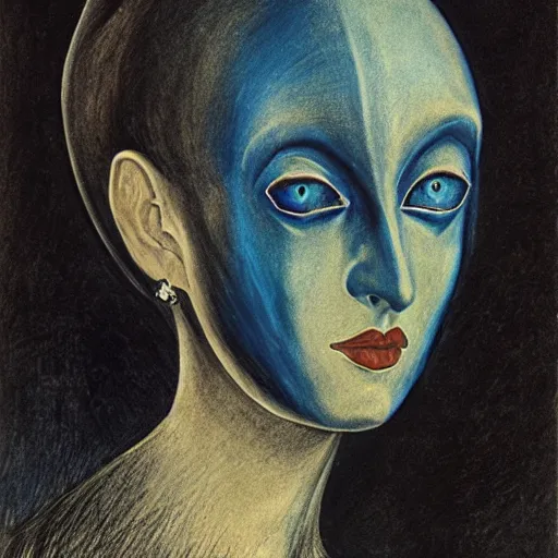 Image similar to Close-up of the cenobite woman, pencil drawing. El Greco, Remedios Varo, Salvador Dali, Carl Gustav Carus, John Atkinson Grimshaw. Blue tint. Symetrical, logo, geometric shapes.