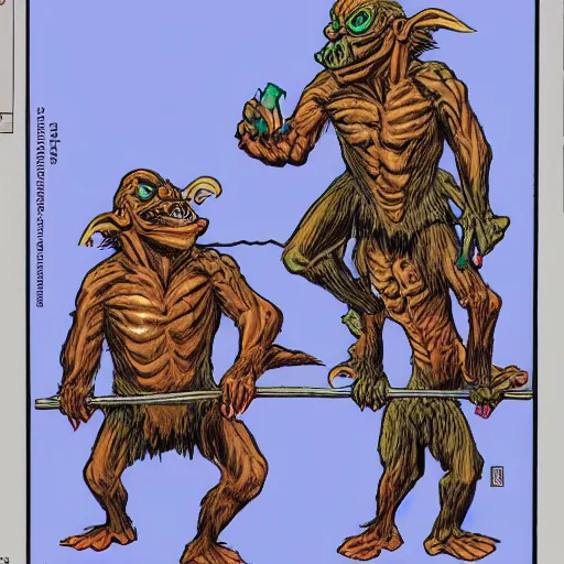 Image similar to 2 goblins stacked on top of each other inside a trenchcoat, by larry Elmore