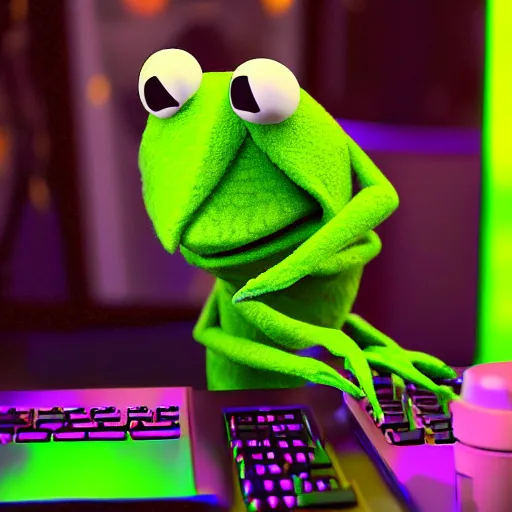 Image similar to Kermit the frog as a computer hacker, cyberpunk unreal 4k neon muppet digital art