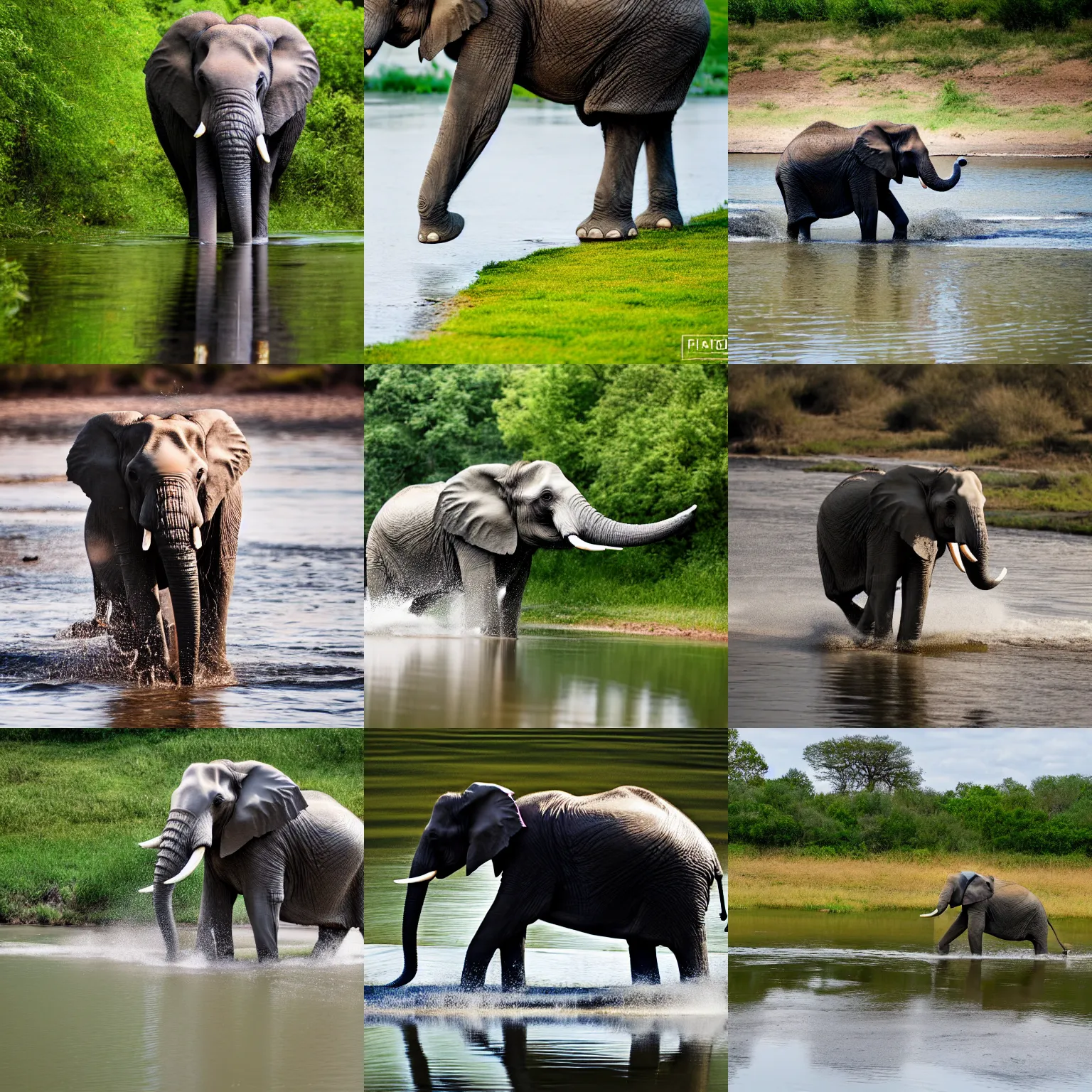 Prompt: An elephant running over a river, XF IQ4, f/1.4, ISO 200, 1/160s, 8K, RAW, unedited, symmetrical balance, in-frame