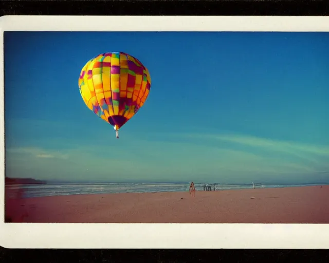 Prompt: a futuristic hot air balloon floats over a beach at violet and yellow sunset, whimsical and psychedelic art style, 1 9 6 0 s, polaroid photo, grainy, colorful, expired film