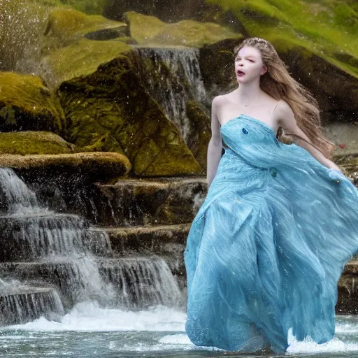Prompt: Anya Taylor-Joy wearing a gown of flowing water photo realistic 8k