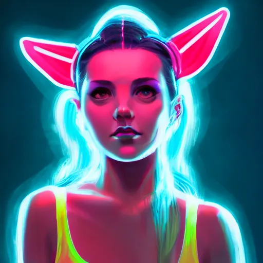 Image similar to portrait of a cute young woman with robot ears and eyes, 4k, sharp focus, neon colored fluorescent lighting, Andreas Rocha