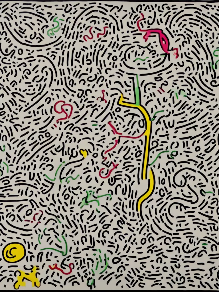 Prompt: minimal acorn that turns into a tree in the shape of a treble clef, a big rip down the middle, splashes of color, inspirational and powerful, clear high resolution acorn and tree, keith haring