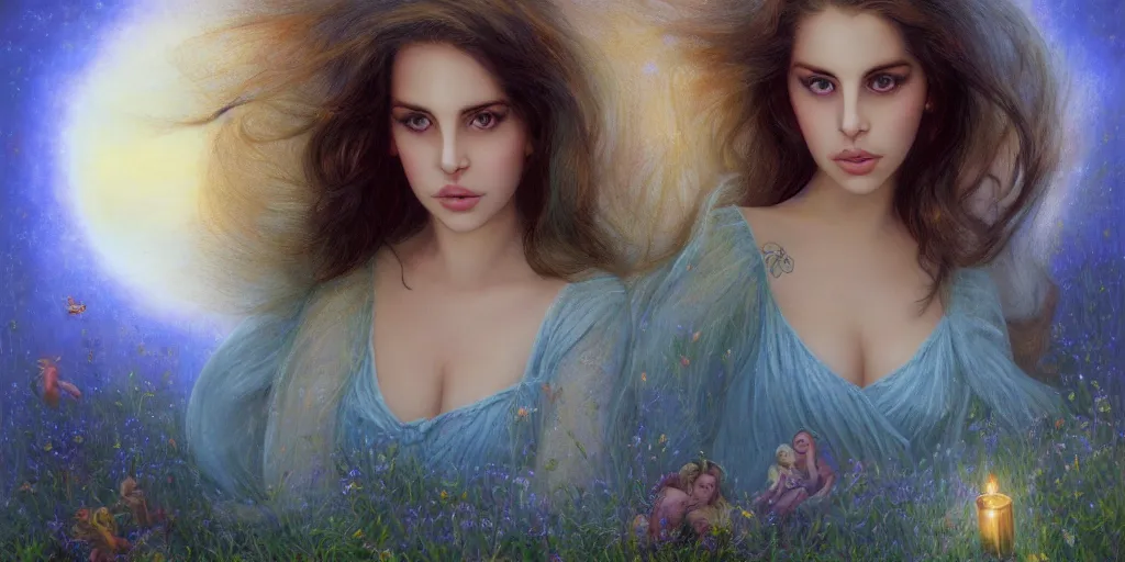 Image similar to big-eyed Lana Del Rey staring into the camera, sundown misty firefly wisps, Lilia Alvarado, Sophie Anderson, Mark Arian, Bob Byerley, Charlie Bowater, Mark Brooks, Steve Henderson, Justin Gerard, Arthur Hughes, Edward Robert Hughes, Mark Keathley, Victor Nizovtsev, Carlos Shwabe, Ross Tran, WLOP