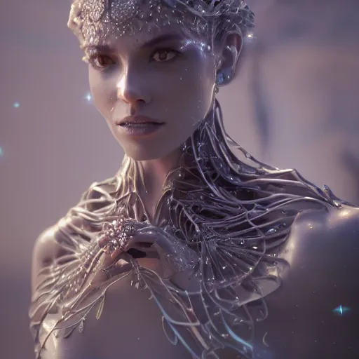 Image similar to full body detailed, ethereal, biomechanical, covered in diamonds and other gems glowing, highly detailed face, elegant posed, intricate, extremy detailed, beeple, cgsociety, 3 d unreal engine octane render. cinematic lighting, highly detailed 4 k art