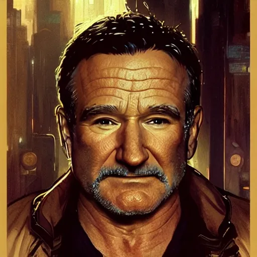 Image similar to robin williams dressed as a bladerunner, sci fi, intricate, elegant, highly detailed, digital painting, artstation, concept art, matte, sharp focus, illustration, art by greg rutkowski and alphonse mucha