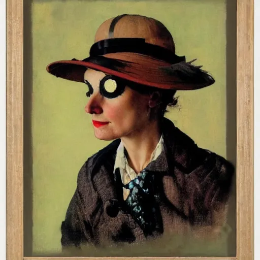 Image similar to frontal portrait of a woman with a hat that covers her eyes, by norman rockwell