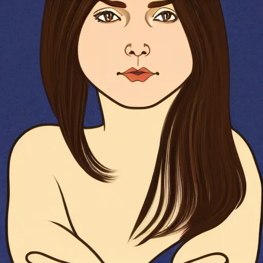 Prompt: chubby brunette woman with straight hair in a short bob, romanian heritage, brown eyes, no bangs, digital art, cartoon, 8k, illustration, art nouveau, Alphonse Mucha, trending on artstation, medium shot, head shot