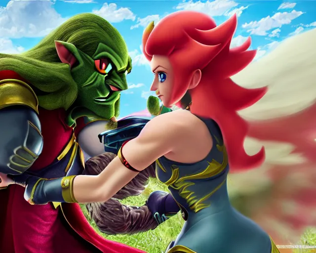 Prompt: princess peach fighting ganondorf, hyper realistic, cinematic, long shot, hyper detailed, 8 5 mm photograph, 8 k resolution, film still, sharp lens, wide lens