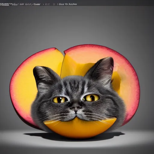 Image similar to multicolor 3 d render of funny cat as mango fruit by blender guru ultra realtic materials cycle render created at modern world in 4 k ultra high resolution, with funny feeling