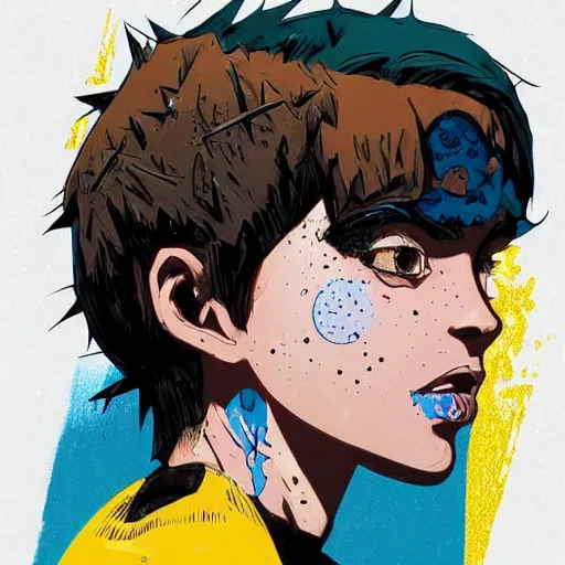 Image similar to Highly detailed portrait of a punk zombie cuban young lady with freckles and short spikey punk hair by Atey Ghailan, by Loish, by Bryan Lee O'Malley, by Cliff Chiang, was inspired by image comics, inspired by scott pilgrim, inspired by graphic novel cover art !!!electric blue, brown, black, yellow and white color scheme ((grafitti tag brick wall background))