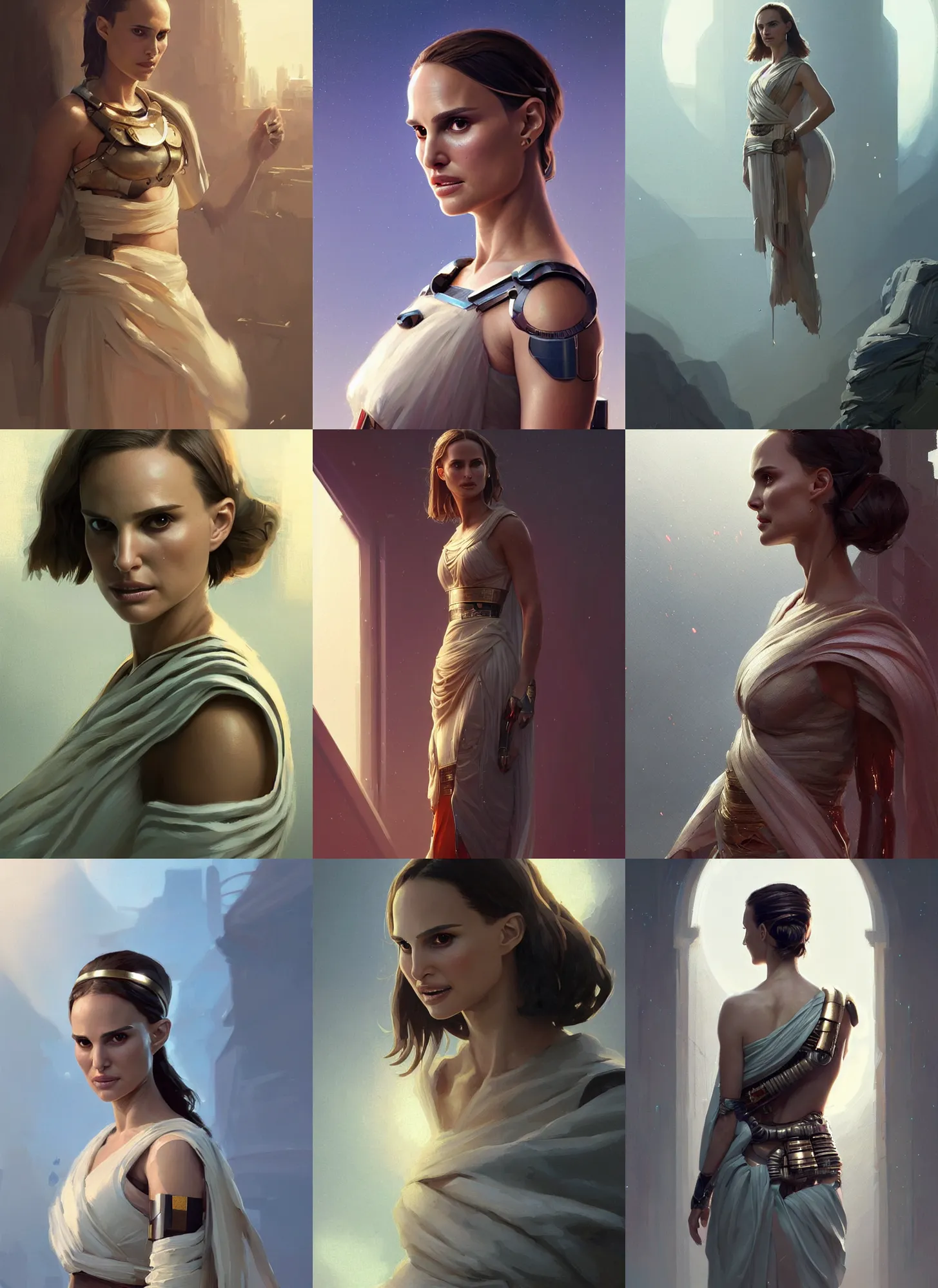 Prompt: a digital painting of Natalie Portman as a cyborg wearing an elegant greek toga, by netter, style from greg rutkowski, beautiful eyes, long hair, full frame, oil painting, featured on artstation, concept art, smooth, sharp focus, illustration, very detailed, ambient lighting, unreal engine render, concept art by Atey Ghailan, by Loish, by Bryan Lee O'Malley