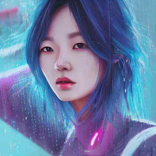Image similar to a digital painting of jang yoon - ju in the rain with blue hair, cute - fine - face, pretty face, cyberpunk art by sim sa - jeong, cgsociety, synchromism, detailed painting, glowing neon, digital illustration, perfect face, extremely fine details, realistic shaded lighting, dynamic colorful background