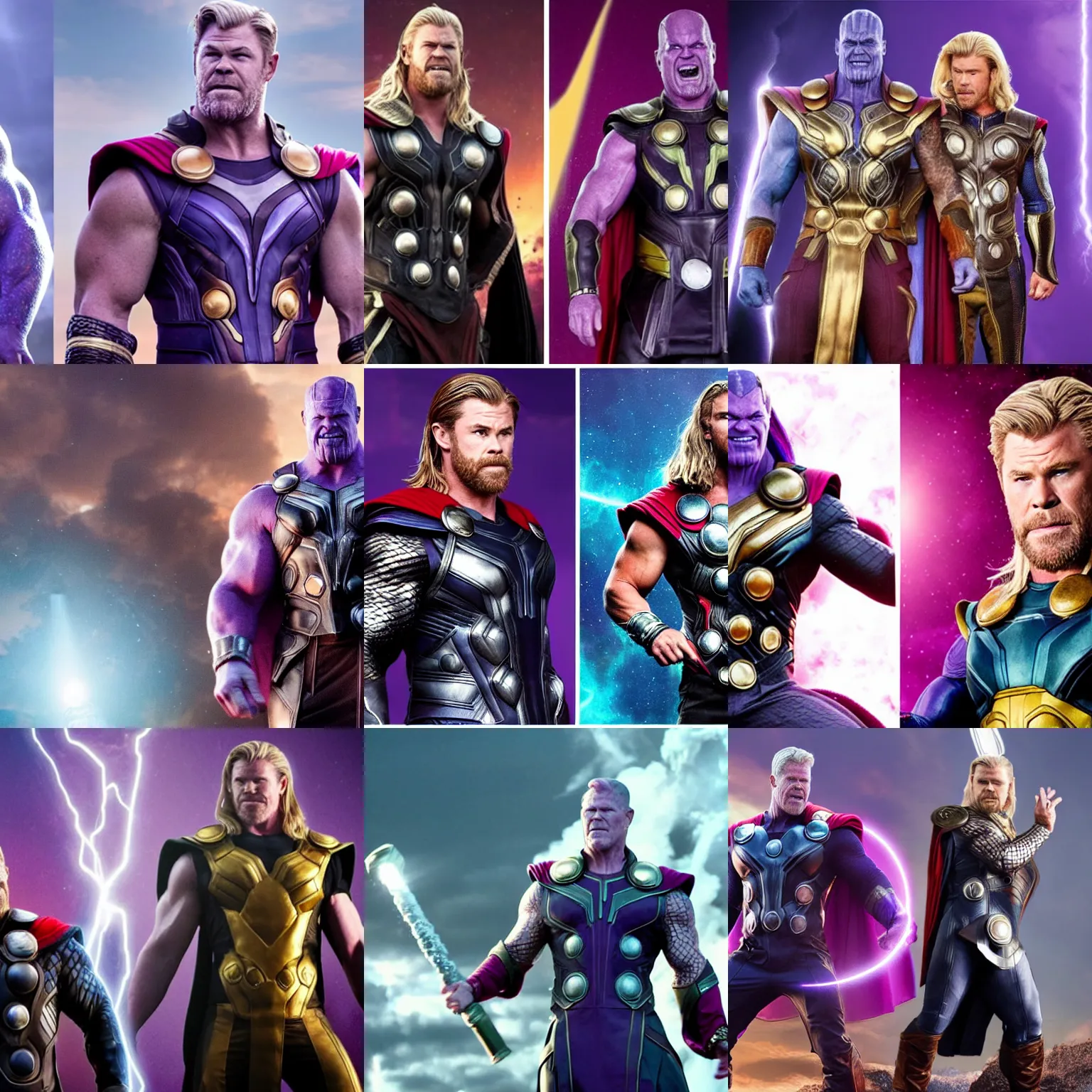 Prompt: thanos and chris hemsworth as thor are drag queens, photorealistic, cinematic, studio lighting