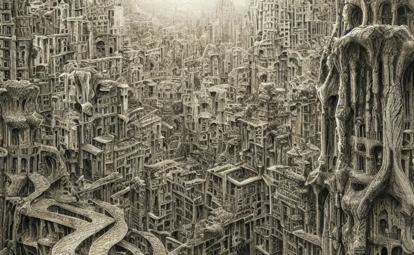 Image similar to a pencil sketch of heavenly city with lush walkways, beautiful bioarchitecture design by kedem pitsou, m. c. escher, gaudi sagrada familia, and bisti badlands, emerald gold and beksinski, highly detailed, bokeh, beautiful, artstation