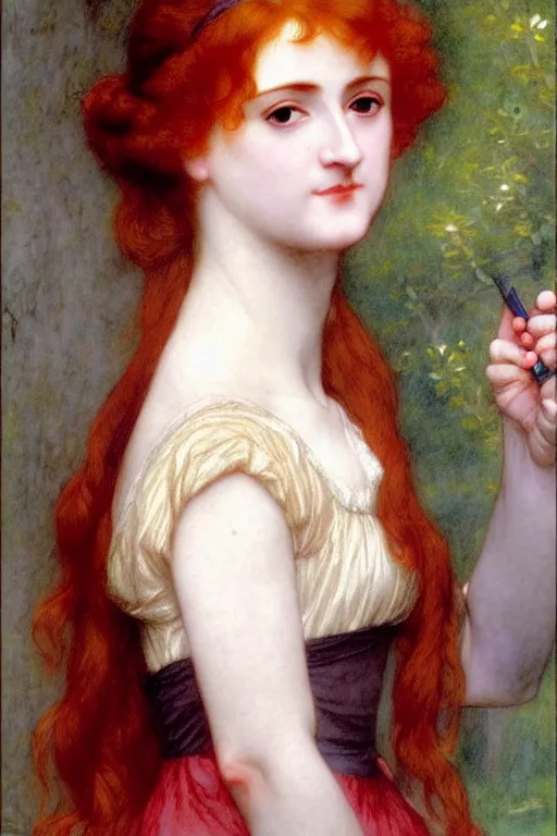 Image similar to jane austen red hair, painting by rossetti bouguereau, detailed art, artstation