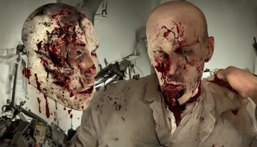 Image similar to big budget action movie about dead scientist's bloody head wound