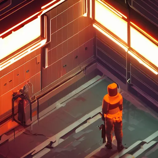 Image similar to isometric game, 4k, dramatic lighting, cyberpunk explorers in an abandoned futuristic factory, unreal engine